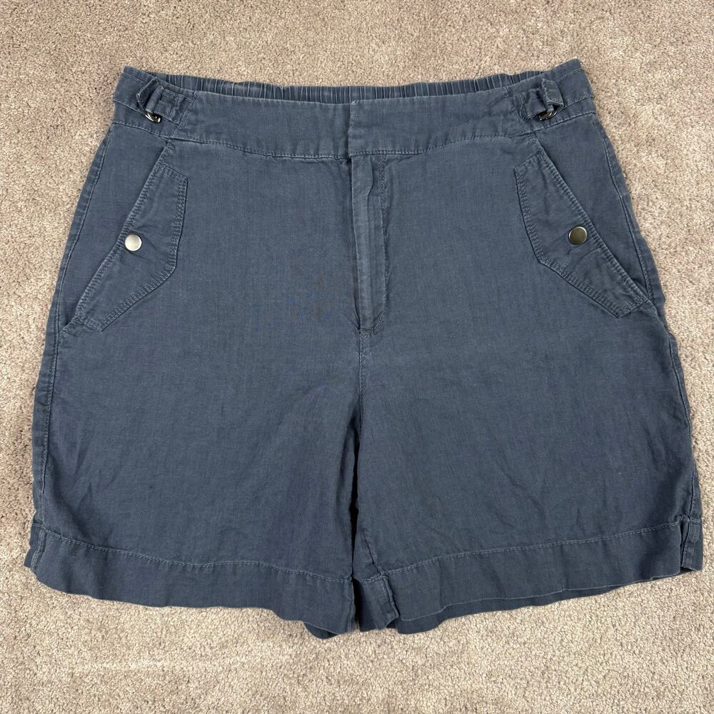 Athleta Voyager Linen Shorts Granite Blue Adjustable Waist Sz 12 Coastal Preppy